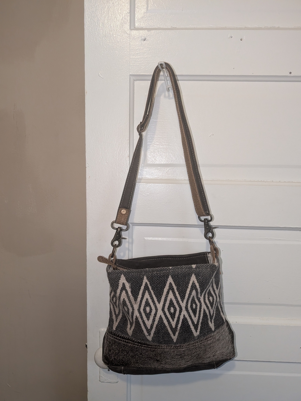 Myra Bag Geometric Diamond Woven Canvas & Hair-On-Hide Leather Crossbody Purse